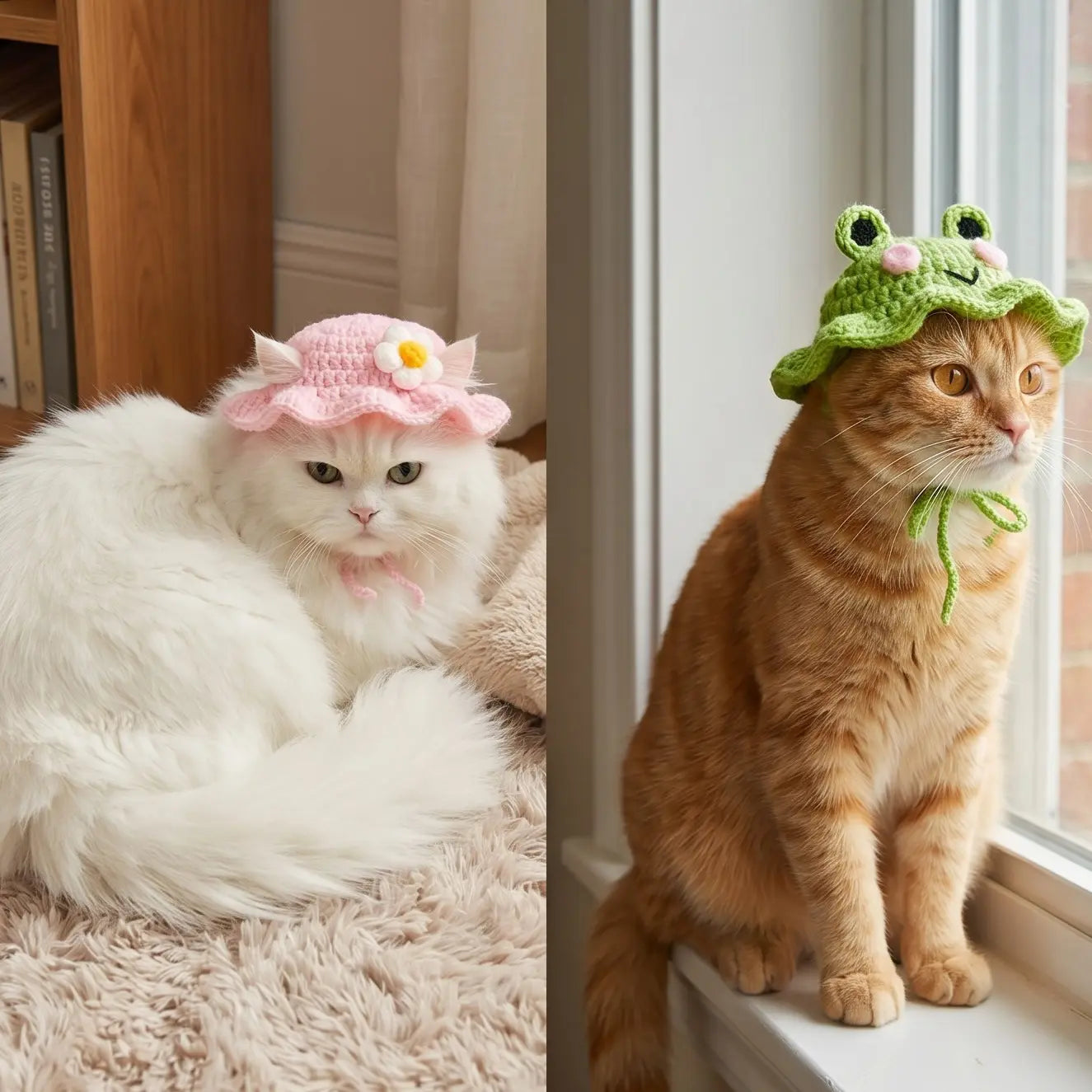 4PCS Handmade Knitted Cartoon Pet Hats for Small Cats & Puppies, Soft Polyester Frog/Cat/Puppy Shaped Costume Headwear for Halloween, Birthday Party, Daily Wear, Cartoon Hats