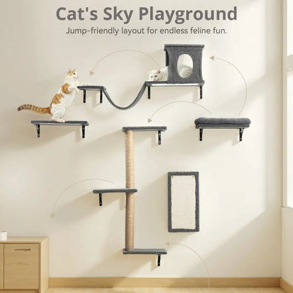 CAVEEN 5 in 1 Cat Climbing Set, Wall Furniture, Cat Wall Shelves Perches Set, Sleeping Playing Lounging Climbing Wall-Mounted Cat Tree House for Multiple Cats, Wall Mounted Cat Climber Set, Dealsforyou, Summerwins, Restock, Dealsforyoudays, DFYD