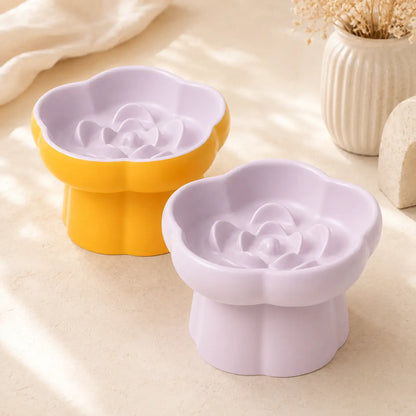 Ceramic Slow Feeder Cat Bowl, Flower-Shaped 6X Slow Eating Design, Elevated Tilted Bowl for Whisker Relief, Helps Reduce Vomiting & Bloating, Non-Slip Base