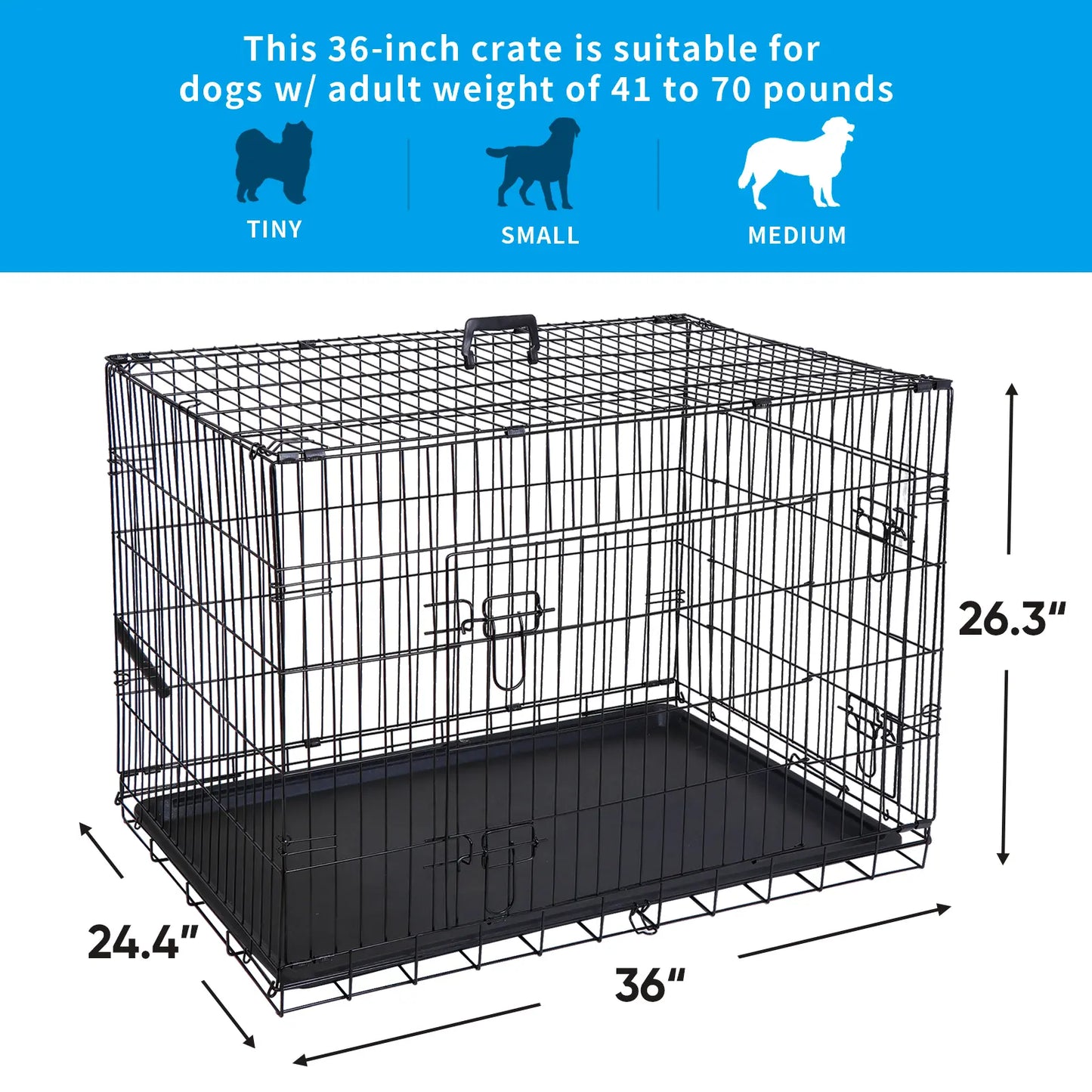Zeny 36L X 23W X 25H Inches Collapsible Steel Wire Dog Crate - Double Door Small Pet Travel Kennel with Secure Latch, Easy Cleaning Tray, 15.98Lbs, Indoor/Outdoor Use, Black