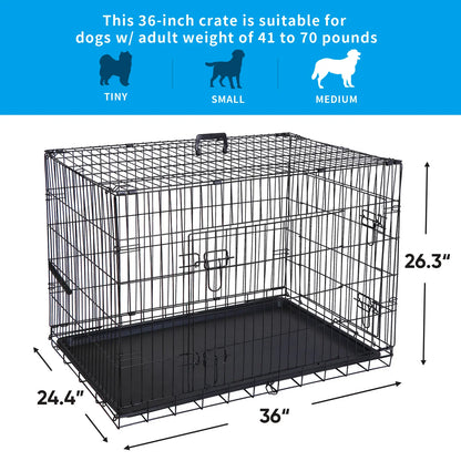 Zeny 36L X 23W X 25H Inches Collapsible Steel Wire Dog Crate - Double Door Small Pet Travel Kennel with Secure Latch, Easy Cleaning Tray, 15.98Lbs, Indoor/Outdoor Use, Black