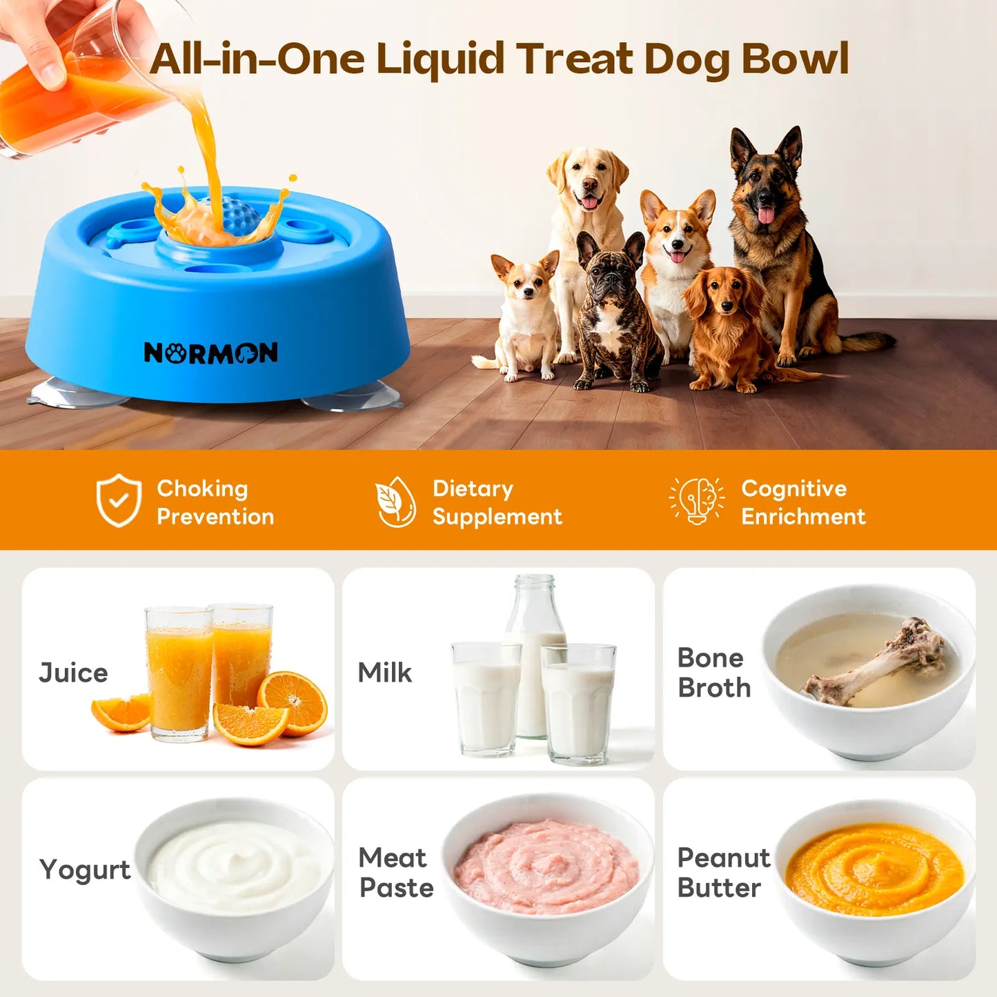 Normon No-Spill Slow Feeder Dog Bowl with Suction Base - Perfect for Bone Broth, Yogurt & Liquid Treats - Ideal for Puppies & Dogs of All Sizes