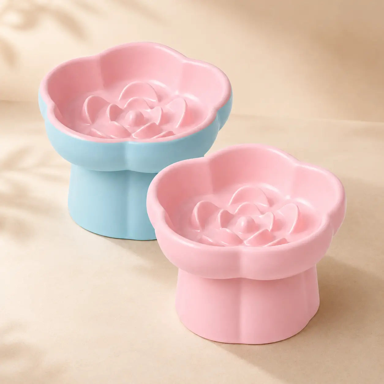 Ceramic Slow Feeder Cat Bowl, Flower-Shaped 6X Slow Eating Design, Elevated Tilted Bowl for Whisker Relief, Helps Reduce Vomiting & Bloating, Non-Slip Base