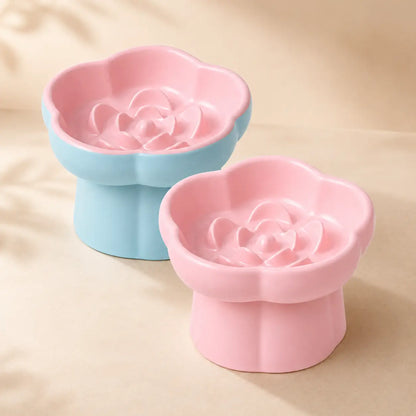 Ceramic Slow Feeder Cat Bowl, Flower-Shaped 6X Slow Eating Design, Elevated Tilted Bowl for Whisker Relief, Helps Reduce Vomiting & Bloating, Non-Slip Base