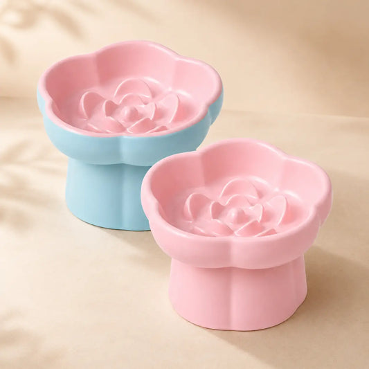 Ceramic Slow Feeder Cat Bowl, Flower-Shaped 6X Slow Eating Design, Elevated Tilted Bowl for Whisker Relief, Helps Reduce Vomiting & Bloating, Non-Slip Base