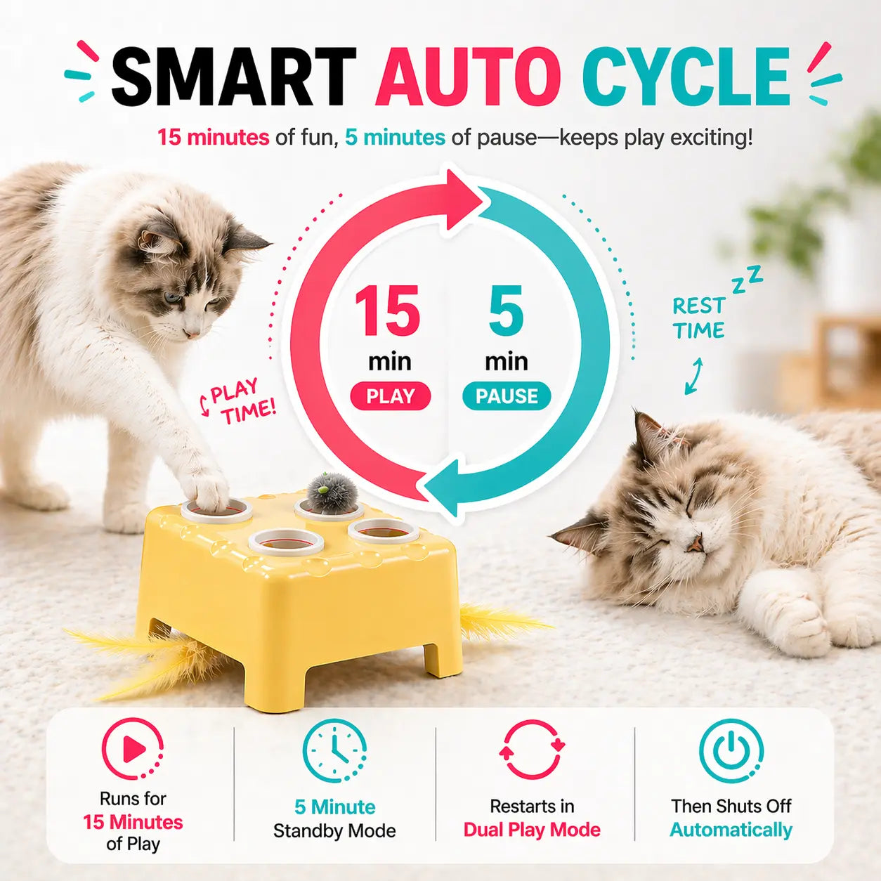 2-In-1 Interactive Cat Toy: Automatic Whack-A-Mole & Rotating Feather Teaser, 3 Play Modes, Non-Slip Weighted Base, Smart Auto Shut-Off, USB-C Rechargeable, Cat Enrichment for Bored & Picky Indoor Cats