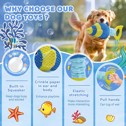 Tug of War Dog Toy, Squeaky Dog Toys for Aggressive Chewers, Interactive Fish Puppy Toys with Crinkle Paper to Keep Them Busy