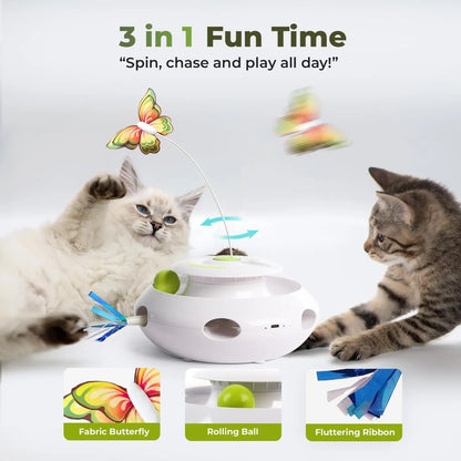Exciting 3-in-1 Motion Activated Cat Toy with Spinning Butterfly, Rolling Ball & Shooting Ribbon - Rechargeable & Safe for Interactive Kitten Fun!