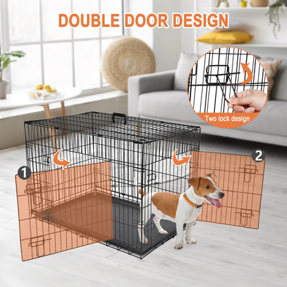Zeny 36L X 23W X 25H Inches Collapsible Steel Wire Dog Crate - Double Door Small Pet Travel Kennel with Secure Latch, Easy Cleaning Tray, 15.98Lbs, Indoor/Outdoor Use, Black