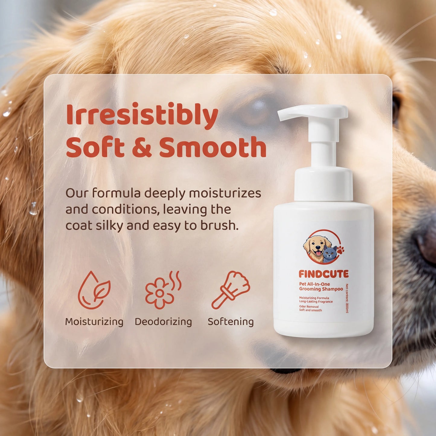 FINDCUTE 10Oz Animal All-In-1 Grooming Shampoo - Pet Grooming Products for Dogs & Cats, Odor Removal, Dirt Cleaning, Itch Relief, Tangled Hair Softening, Moisturizes Coat, Long-Lasting Fresh Scent