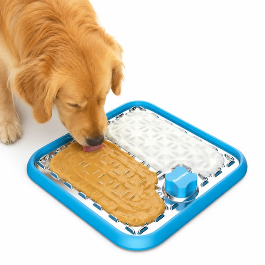 Pawtners Stainless Steel Dog Lick Mat - Large Slow Feeder Anti-Slip Feeding Mat, Stress-Reducing Anxiety Aid, No-Spill Pad for Liquid Treats (Bone Broth, Yogurt), Post-Op Care Calming Accessory with Spatula & Brush, Anti-Slip Feeding Mats