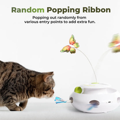 Exciting 3-in-1 Motion Activated Cat Toy with Spinning Butterfly, Rolling Ball & Shooting Ribbon - Rechargeable & Safe for Interactive Kitten Fun!