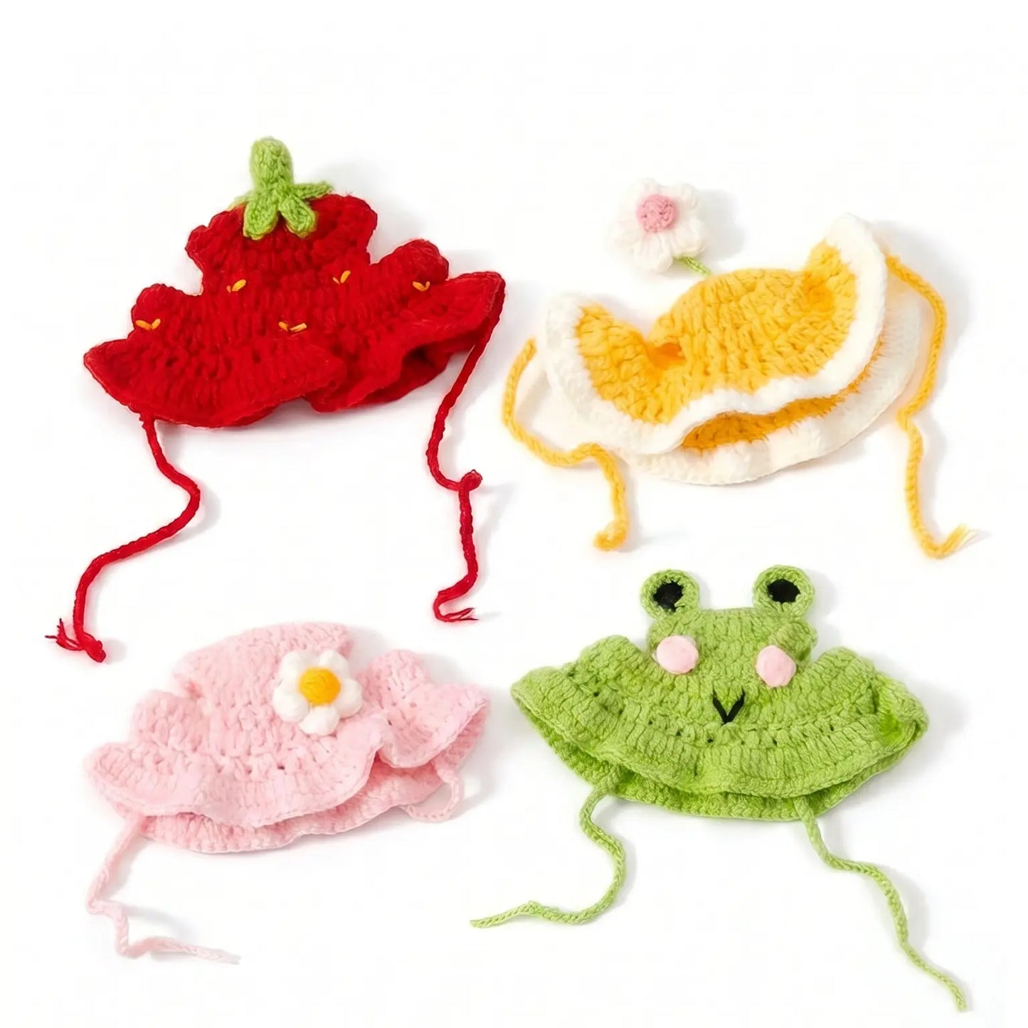4PCS Handmade Knitted Cartoon Pet Hats for Small Cats & Puppies, Soft Polyester Frog/Cat/Puppy Shaped Costume Headwear for Halloween, Birthday Party, Daily Wear, Cartoon Hats