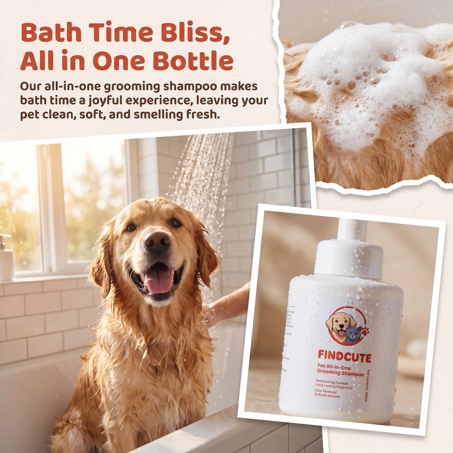 FINDCUTE 10Oz Animal All-In-1 Grooming Shampoo - Pet Grooming Products for Dogs & Cats, Odor Removal, Dirt Cleaning, Itch Relief, Tangled Hair Softening, Moisturizes Coat, Long-Lasting Fresh Scent