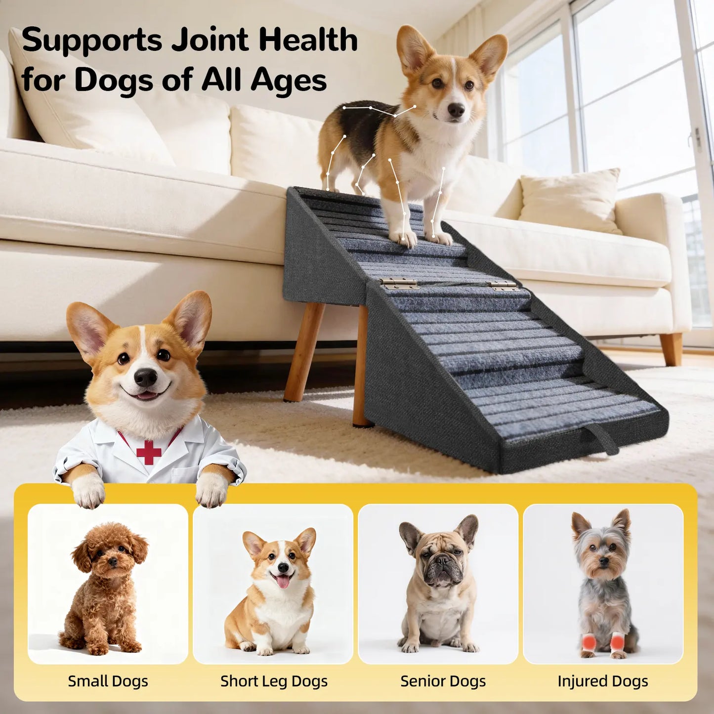 17.13" H Dog Stairs for Small Dogs, Escaleras Para Perros, 2-In-1 Pet Steps & Ottoman - Foldable Dog Stairs for Couch, Non-Slip Wooden Pet Stairs for Puppy Senior Injured Dogs