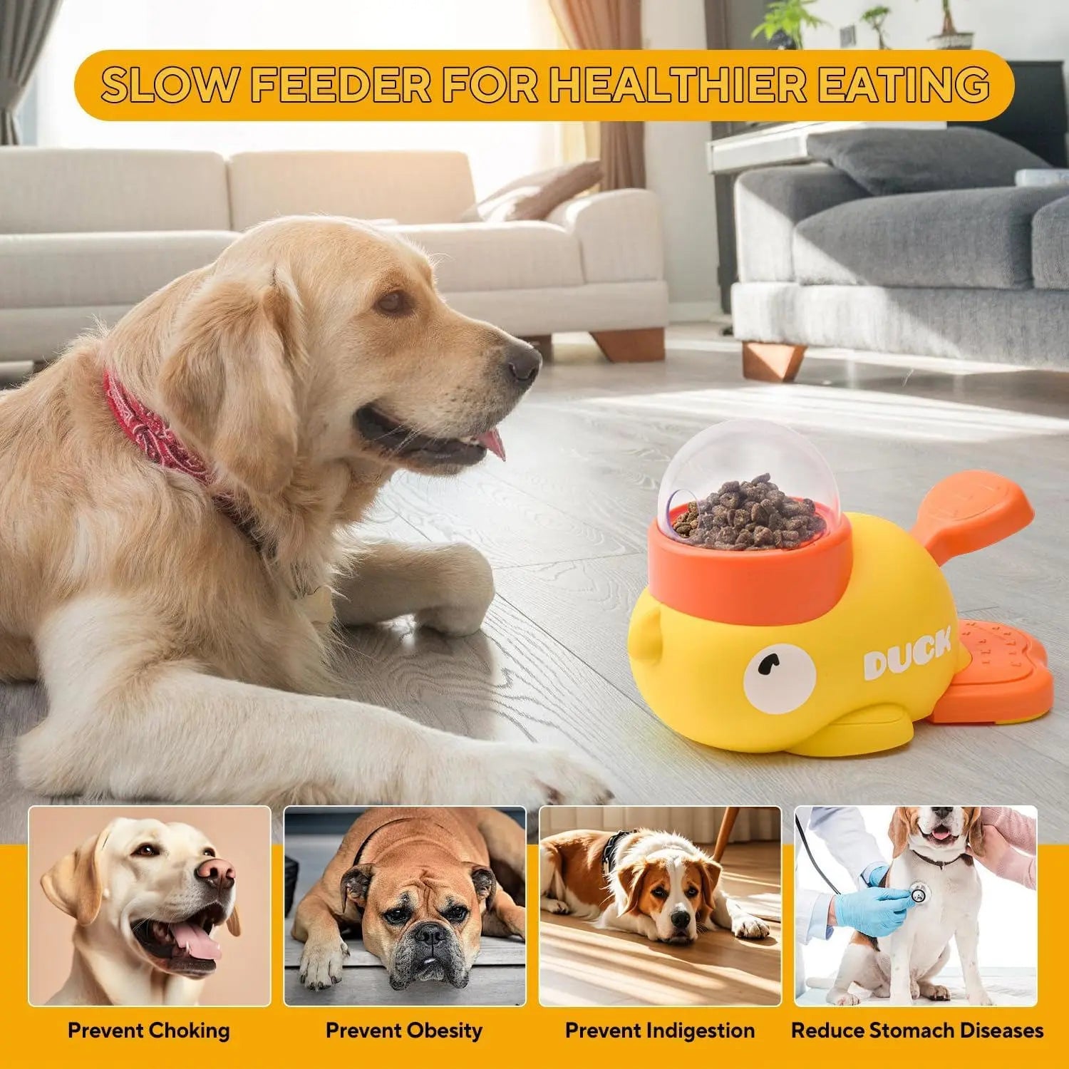 Pets Sparkle Duck Feeder for Dogs - Anti-Slip Rubber Duck Dog Treat Dispenser - Dog Treat Dispender Toy - Slow Puzzle Feeder Toy for IQ Training, Mental Enrichment for Dogs and Cats
