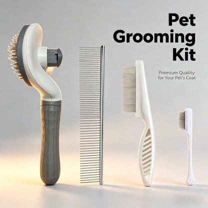 4PCS Pet Groomer Tools Shedding Grooming Kit - Self-Cleaning Slicker Brush, Dual-Sided Stainless Steel Dematting Comb, Tear Stain Comb, Fur Removal Tool for Long/Short Hair Dogs & Cats - Fur-Free Home Supplies, Grooming Supplies