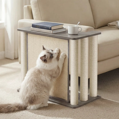 Veehoo Couch Protector from Cat Claws, Couch End Table with Cat Scratch Panel and Scratching Posts, Pet Corner Sofa Side Table Scratcher, Black Walnut, Right