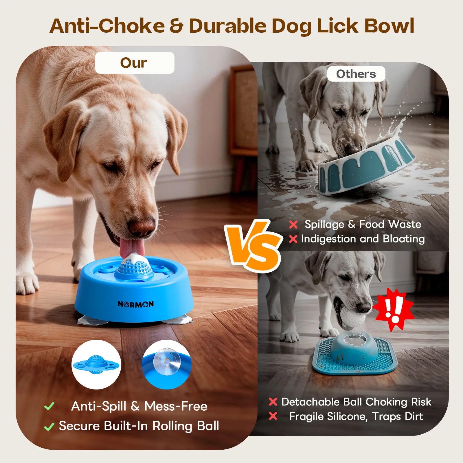 Normon No-Spill Slow Feeder Dog Bowl with Suction Base - Perfect for Bone Broth, Yogurt & Liquid Treats - Ideal for Puppies & Dogs of All Sizes