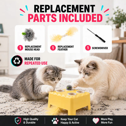 2-In-1 Interactive Cat Toy: Automatic Whack-A-Mole & Rotating Feather Teaser, 3 Play Modes, Non-Slip Weighted Base, Smart Auto Shut-Off, USB-C Rechargeable, Cat Enrichment for Bored & Picky Indoor Cats