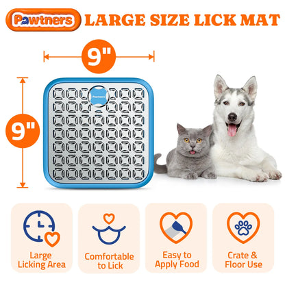 Pawtners Stainless Steel Dog Lick Mat - Large Slow Feeder Anti-Slip Feeding Mat, Stress-Reducing Anxiety Aid, No-Spill Pad for Liquid Treats (Bone Broth, Yogurt), Post-Op Care Calming Accessory with Spatula & Brush, Anti-Slip Feeding Mats