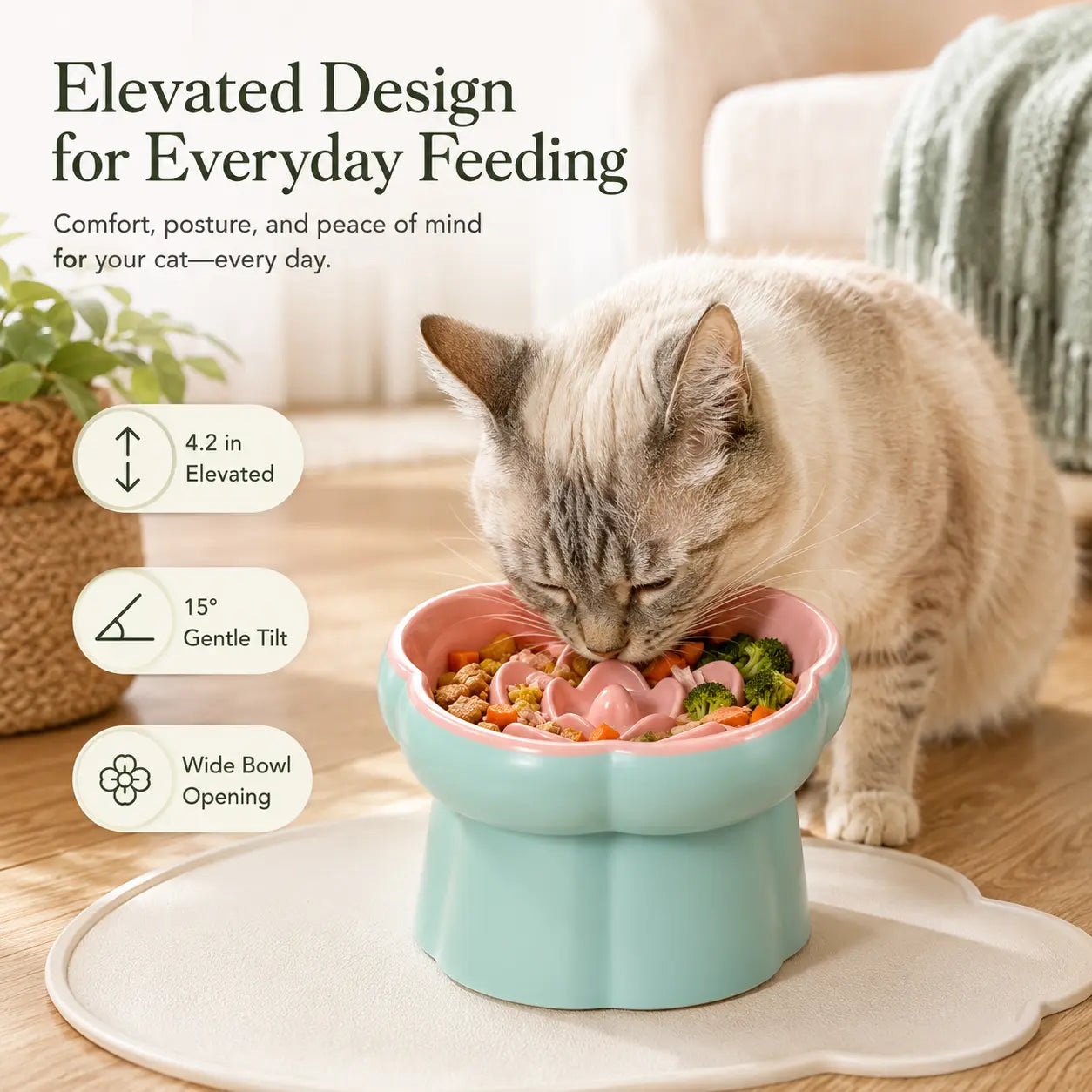 Ceramic Slow Feeder Cat Bowl, Flower-Shaped 6X Slow Eating Design, Elevated Tilted Bowl for Whisker Relief, Helps Reduce Vomiting & Bloating, Non-Slip Base