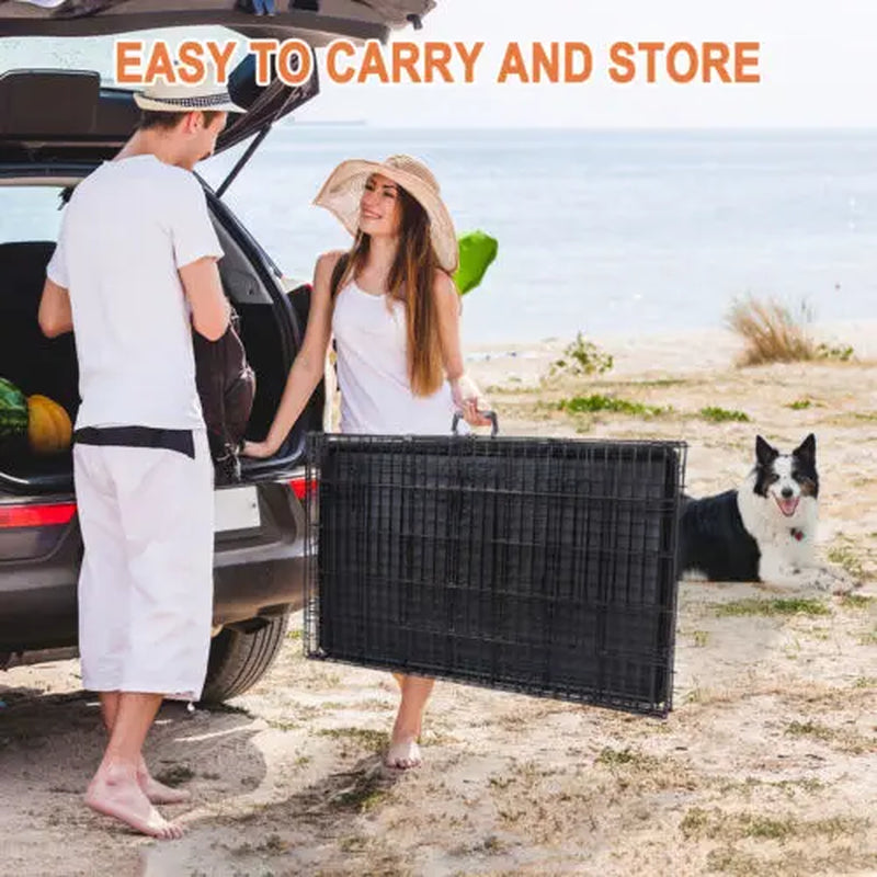 Zeny 36L X 23W X 25H Inches Collapsible Steel Wire Dog Crate - Double Door Small Pet Travel Kennel with Secure Latch, Easy Cleaning Tray, 15.98Lbs, Indoor/Outdoor Use, Black
