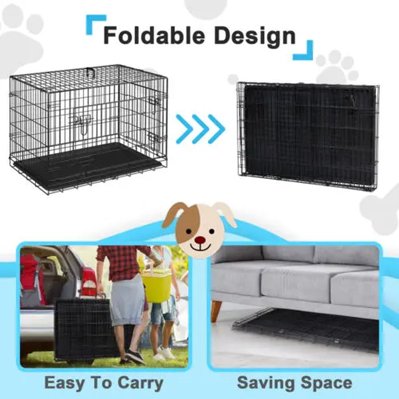 Zeny 36L X 23W X 25H Inches Collapsible Steel Wire Dog Crate - Double Door Small Pet Travel Kennel with Secure Latch, Easy Cleaning Tray, 15.98Lbs, Indoor/Outdoor Use, Black