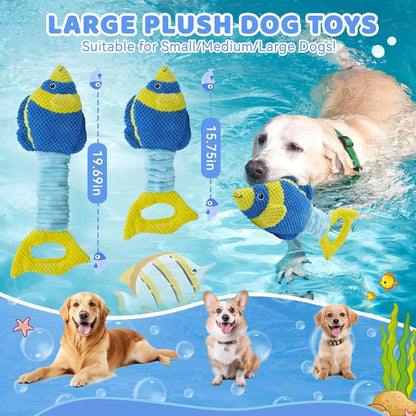 Tug of War Dog Toy, Squeaky Dog Toys for Aggressive Chewers, Interactive Fish Puppy Toys with Crinkle Paper to Keep Them Busy
