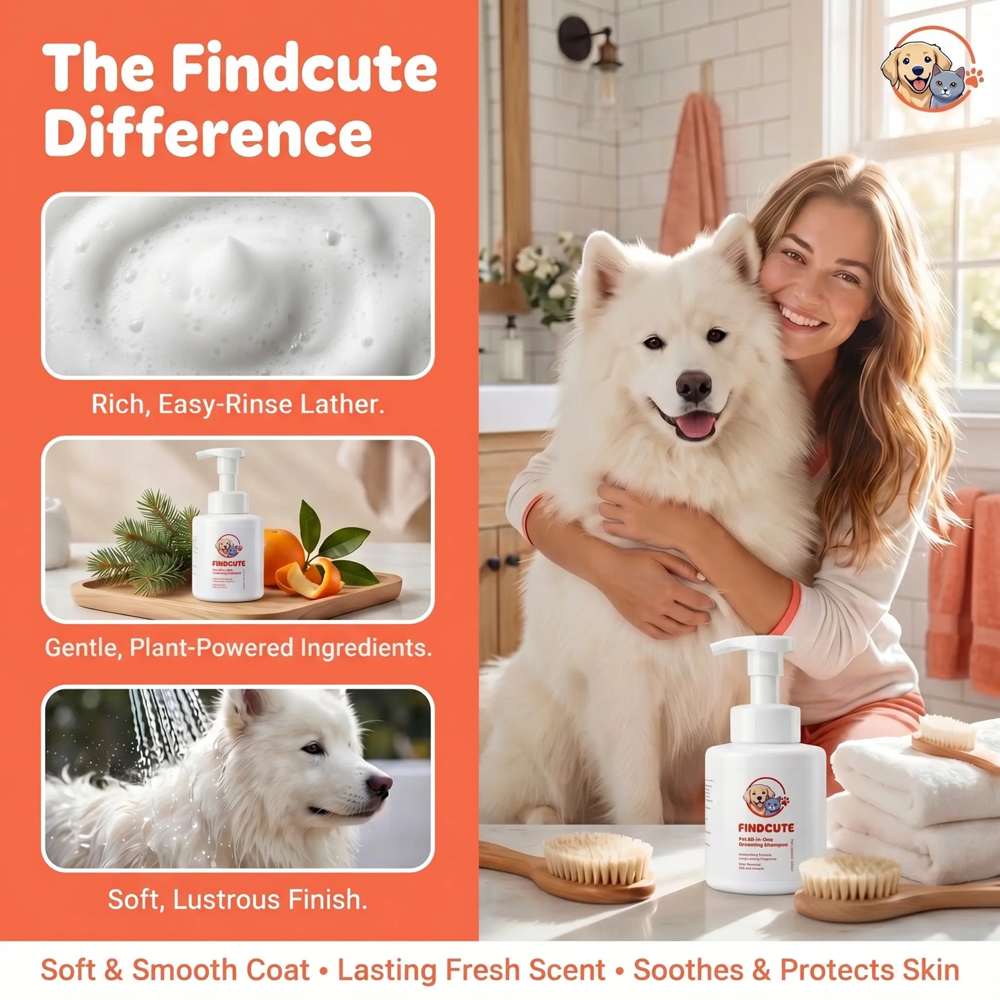 FINDCUTE 10Oz Animal All-In-1 Grooming Shampoo - Pet Grooming Products for Dogs & Cats, Odor Removal, Dirt Cleaning, Itch Relief, Tangled Hair Softening, Moisturizes Coat, Long-Lasting Fresh Scent