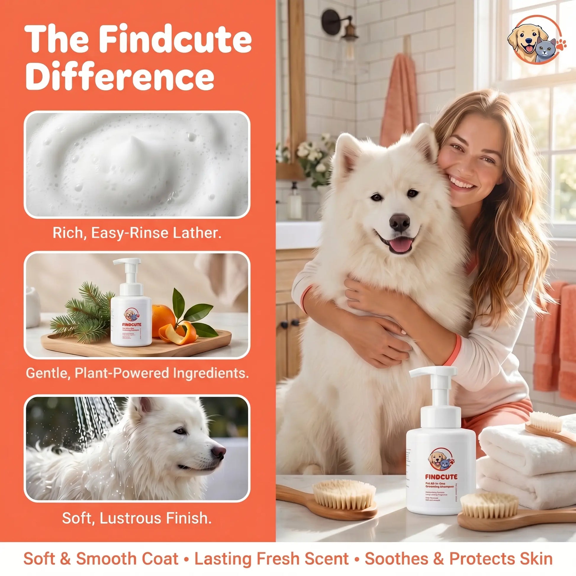 FINDCUTE 10Oz Animal All-In-1 Grooming Shampoo - Pet Grooming Products for Dogs & Cats, Odor Removal, Dirt Cleaning, Itch Relief, Tangled Hair Softening, Moisturizes Coat, Long-Lasting Fresh Scent