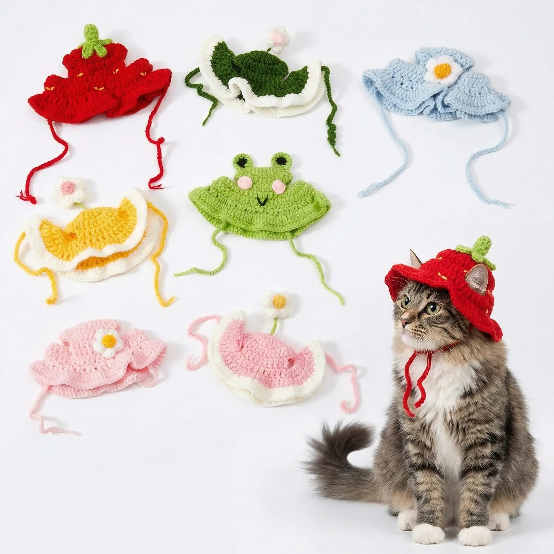 4PCS Handmade Knitted Cartoon Pet Hats for Small Cats & Puppies, Soft Polyester Frog/Cat/Puppy Shaped Costume Headwear for Halloween, Birthday Party, Daily Wear, Cartoon Hats