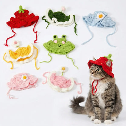 4PCS Handmade Knitted Cartoon Pet Hats for Small Cats & Puppies, Soft Polyester Frog/Cat/Puppy Shaped Costume Headwear for Halloween, Birthday Party, Daily Wear, Cartoon Hats