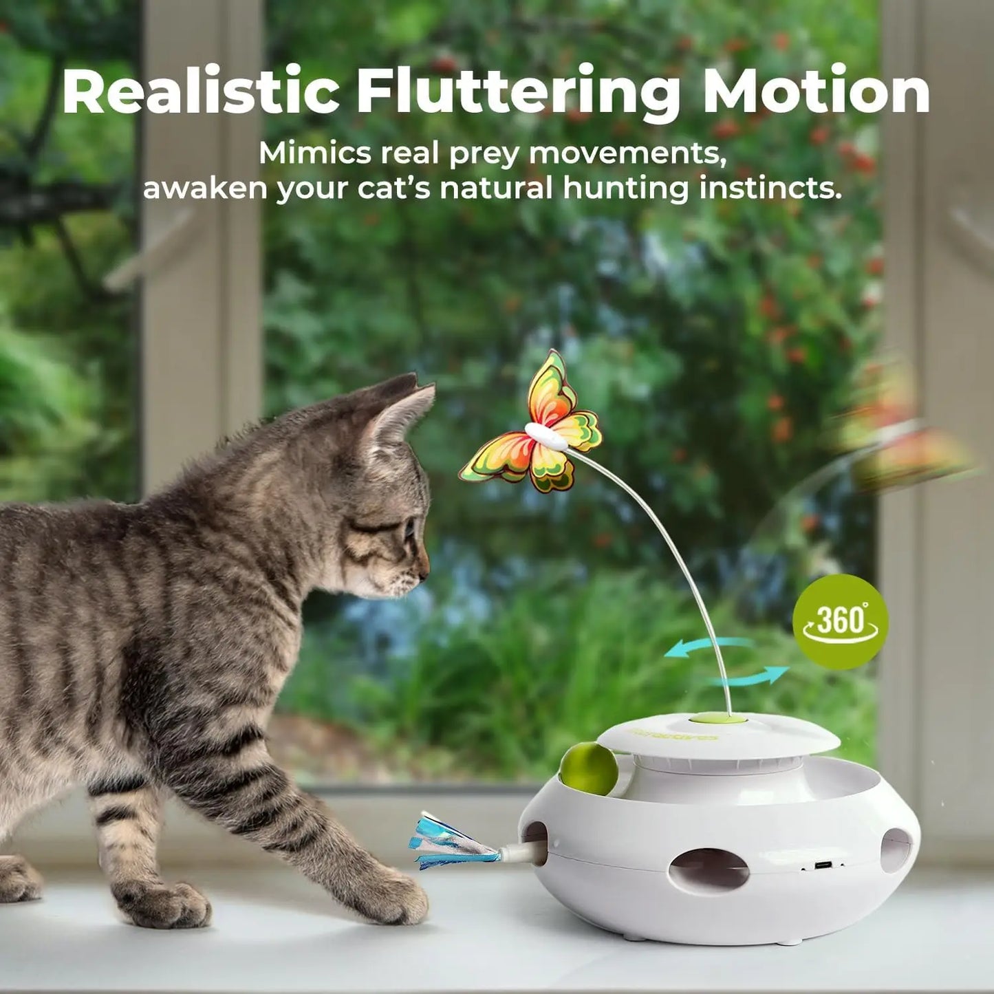Exciting 3-in-1 Motion Activated Cat Toy with Spinning Butterfly, Rolling Ball & Shooting Ribbon - Rechargeable & Safe for Interactive Kitten Fun!