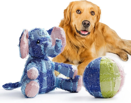 Nocciola 2 Pack Shabby Elephant & Ball Stuffed Dog Toy, Durable Squeaky and Giggle Toys for Aggressive Chewers, Tough Toys for Medium and Large Breed