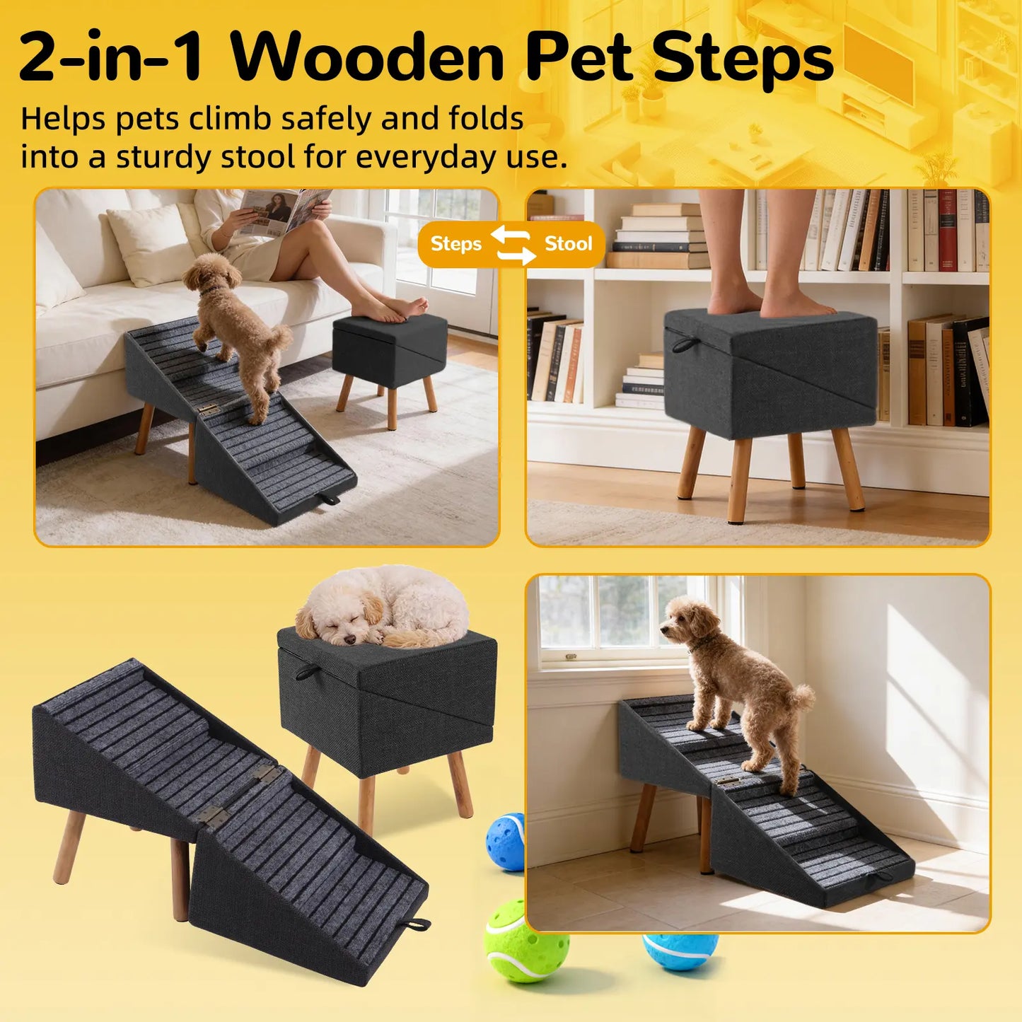 17.13" H Dog Stairs for Small Dogs, Escaleras Para Perros, 2-In-1 Pet Steps & Ottoman - Foldable Dog Stairs for Couch, Non-Slip Wooden Pet Stairs for Puppy Senior Injured Dogs