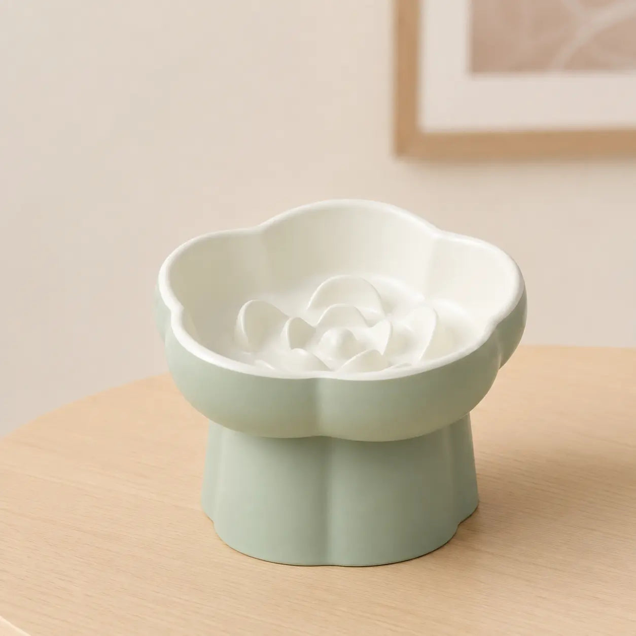 Ceramic Slow Feeder Cat Bowl, Flower-Shaped 6X Slow Eating Design, Elevated Tilted Bowl for Whisker Relief, Helps Reduce Vomiting & Bloating, Non-Slip Base