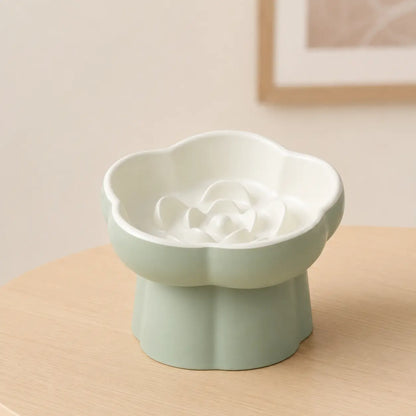 Ceramic Slow Feeder Cat Bowl, Flower-Shaped 6X Slow Eating Design, Elevated Tilted Bowl for Whisker Relief, Helps Reduce Vomiting & Bloating, Non-Slip Base