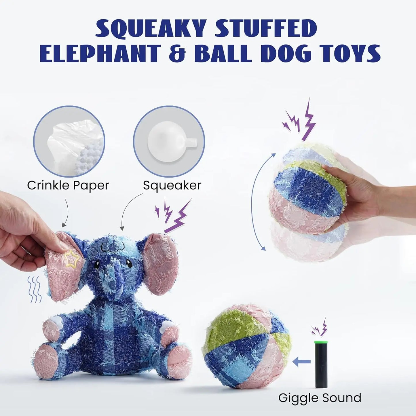 Nocciola 2 Pack Shabby Elephant & Ball Stuffed Dog Toy, Durable Squeaky and Giggle Toys for Aggressive Chewers, Tough Toys for Medium and Large Breed