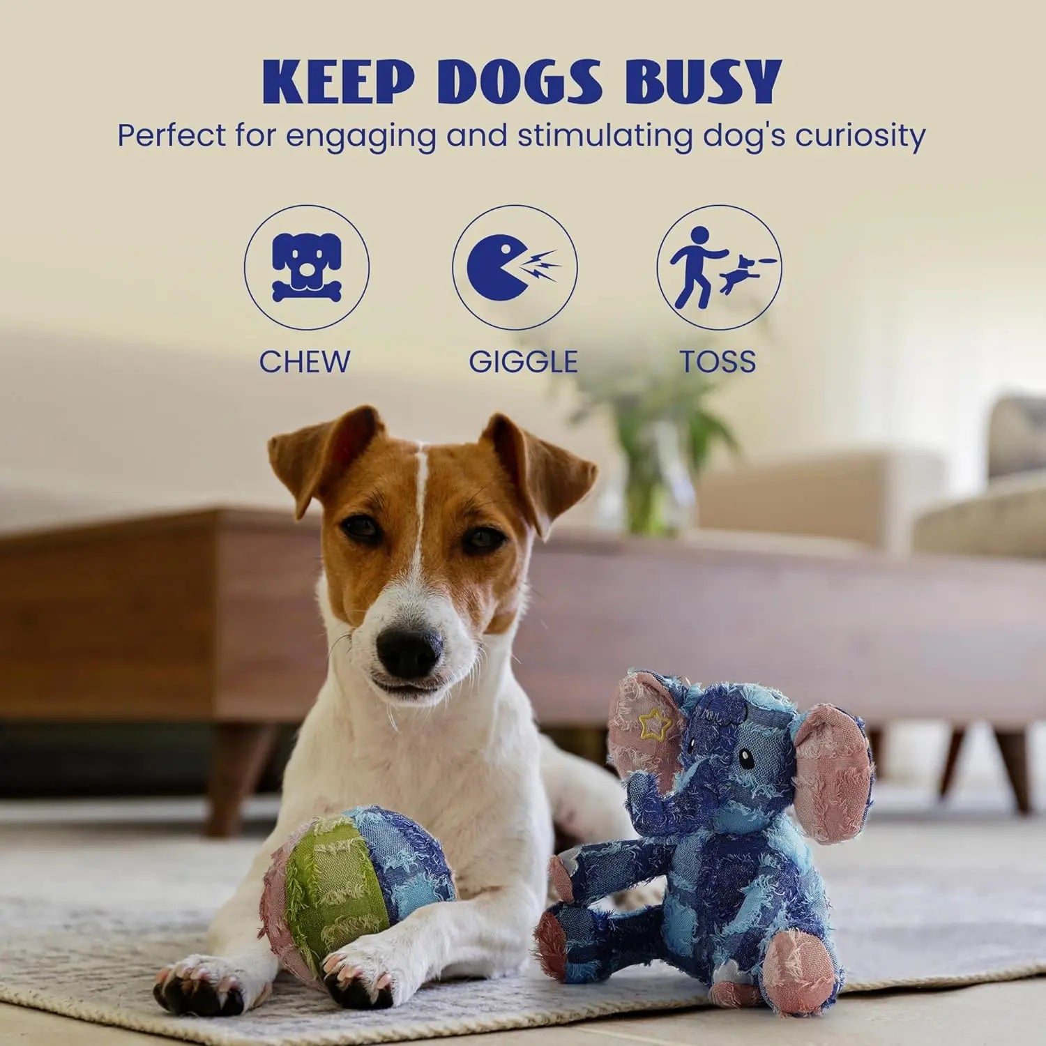 Nocciola 2 Pack Shabby Elephant & Ball Stuffed Dog Toy, Durable Squeaky and Giggle Toys for Aggressive Chewers, Tough Toys for Medium and Large Breed