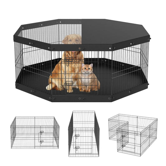 【Fathersdaygift】Vevor Dog Playpen, 8 Panels Foldable Metal Dog Exercise Pen with Top Cover and Bottom Pad, 24" H Pet Fence Puppy Crate Kennel, Indoor Outdoor Dog Pen for Small Medium Pets, for Camping, Yard