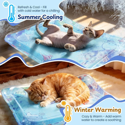 PURETOY Cat Enrichment Water Mat with Glowing Fish, TPU Thickened Leak-Proof Sensory Toy with Air Pump, Hot & Cold Cooling Pad for Indoor Cats