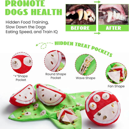 Nocciola 4-In-1 Watermelon Dog Enrichment Toys, 3 Squeaky Slices with a Rind Snuffle Mat for Treats Hunting Fun, Hide and Seek Puzzle Toy for All Breeds Interactive Chew