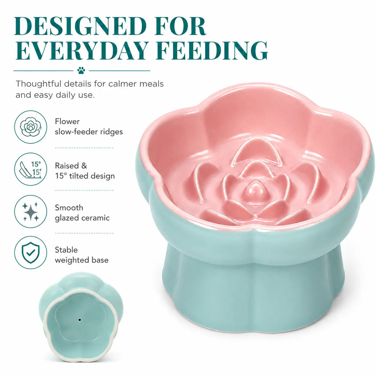Ceramic Slow Feeder Cat Bowl, Flower-Shaped 6X Slow Eating Design, Elevated Tilted Bowl for Whisker Relief, Helps Reduce Vomiting & Bloating, Non-Slip Base