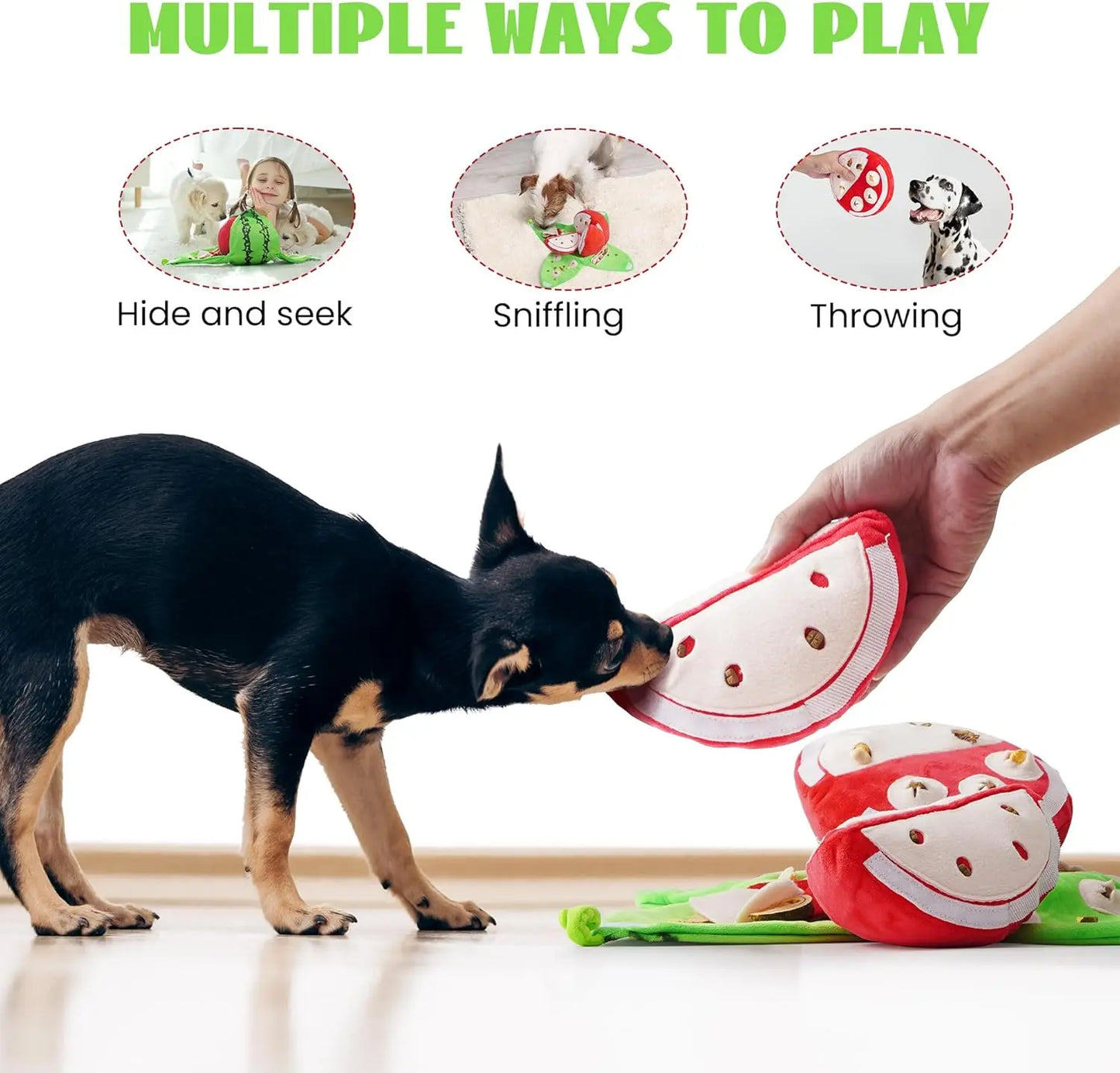 Nocciola 4-In-1 Watermelon Dog Enrichment Toys, 3 Squeaky Slices with a Rind Snuffle Mat for Treats Hunting Fun, Hide and Seek Puzzle Toy for All Breeds Interactive Chew