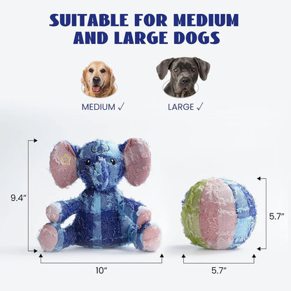 Nocciola 2 Pack Shabby Elephant & Ball Stuffed Dog Toy, Durable Squeaky and Giggle Toys for Aggressive Chewers, Tough Toys for Medium and Large Breed