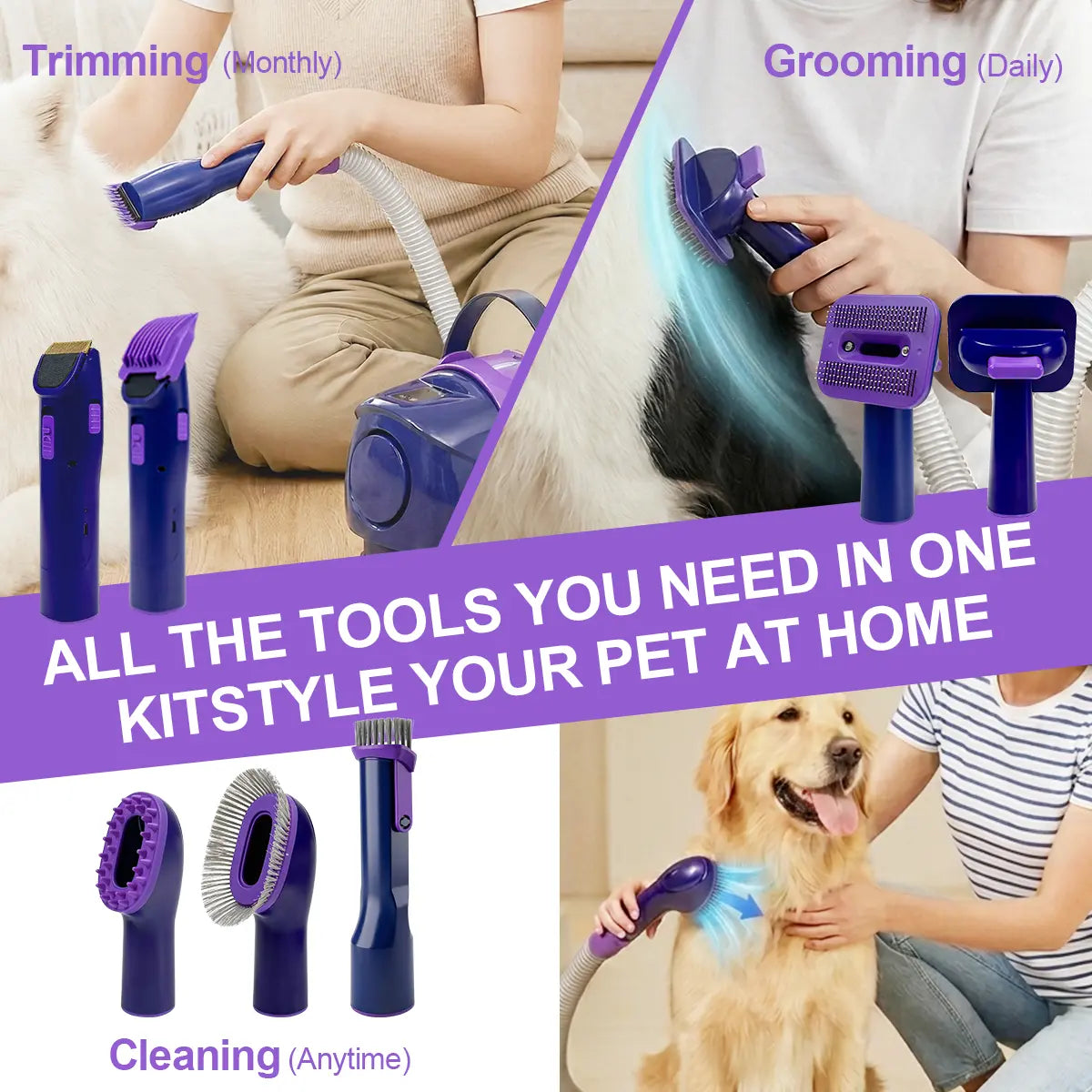 Anlecity Professional Dog Grooming Vacuum with 3 Suction Modes, 6-In-1 Pet Groomer Kit with 3L Large Cup, Cordless Electric Clippers & 5 Grooming Tools, High-Efficiency Pet Hair Removal System for Dogs & Cats