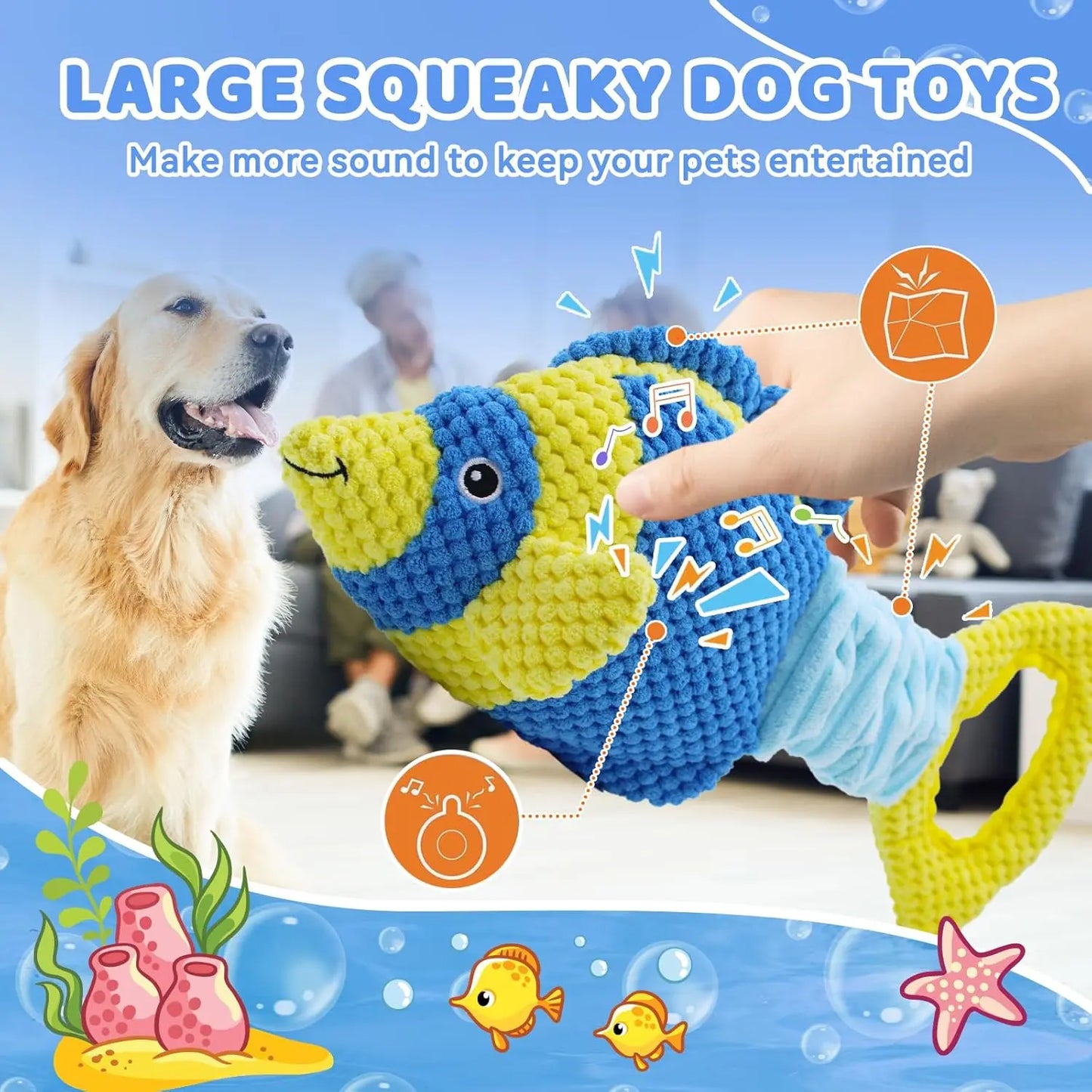 Tug of War Dog Toy, Squeaky Dog Toys for Aggressive Chewers, Interactive Fish Puppy Toys with Crinkle Paper to Keep Them Busy