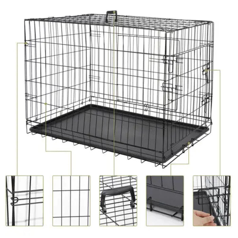 Zeny 36L X 23W X 25H Inches Collapsible Steel Wire Dog Crate - Double Door Small Pet Travel Kennel with Secure Latch, Easy Cleaning Tray, 15.98Lbs, Indoor/Outdoor Use, Black