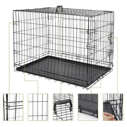 Zeny 36L X 23W X 25H Inches Collapsible Steel Wire Dog Crate - Double Door Small Pet Travel Kennel with Secure Latch, Easy Cleaning Tray, 15.98Lbs, Indoor/Outdoor Use, Black